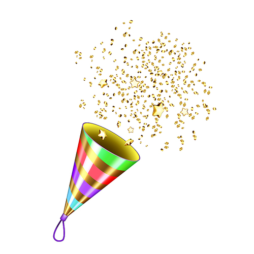 Party Popper Explosion With Foil Confetti Vector. Exploding Party Popper Accessory For Celebrate New Year Celebration Event And Congratulate. Festival Tool Template Realistic 3d Illustration