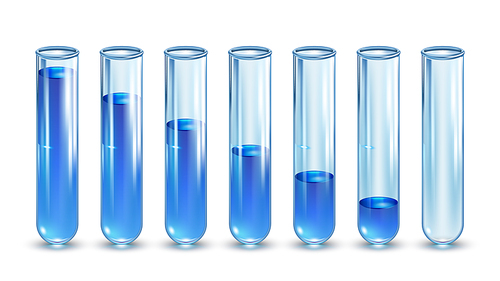 Test Tubes Empty And Full With Liquid Set Vector. Lab Test Tubes With Biochemistry Substance. Glassware Beaker Tool For Making Experiment, Researching And Analyzing Template Realistic 3d Illustrations