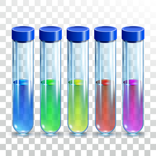 Lab Test Tubes With Chemical Liquid Set Vector. Test Tubes Laboratory Flask With Multicolored Biochemistry Samples. Scientific Glass Beaker Equipment Template Realistic 3d Illustrations