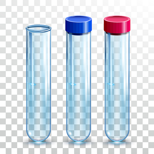 Test Tubes Empty Laboratory Glassware Set Vector. Opened And Closed With Cap Test Tubes Lab Flask For Make Experiment And Analysis. Scientific Clean Glass Equipment Template Realistic 3d Illustrations