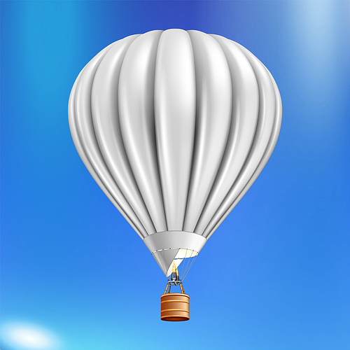 Balloon With Basket Hot Air Fly Transport Vector. Blank Inflatable Balloon Flying Transportation For Tourist Romantic Journey And Excursion, Aircraft For Travel. Template Realistic 3d Illustration