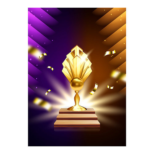 Handing Awards Creative Promotional Banner Vector. Handing Awards To Winner On Cinema Festival Ceremony Advertising Poster. Golden Trophy And Confetti Stylish Concept Template Illustration