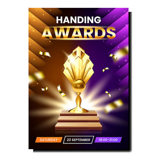 Handing Awards Creative Promotional Banner Vector. Handing Awards To Winner On Cinema Festival Ceremony Advertising Poster. Golden Trophy And Confetti Stylish Concept Template Illustration