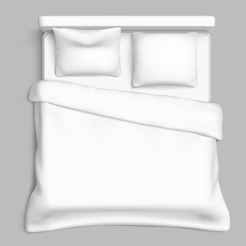 Bed top view white. blanket. pillow. interior mattress. hotel duvet 3d realistic vector
