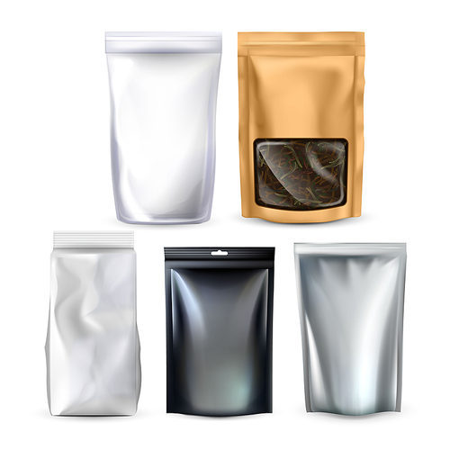 Bag zip pouch mockup set. Transparent, tea, coffee, black, silver. Foil container. Plastic blank. Food zip. Nulon pack templae. vector realistic illustration