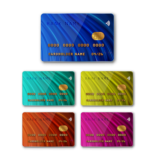 Credit Card For Payment Multicolored Set Vector. Blank Plastic Bank Card With Microchip And Contactless System For Cashless Paying On Pos Terminal Or Atm Machine Template Realistic 3d Illustrations