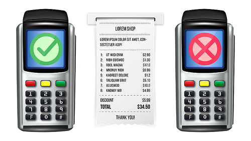 Pos Terminal And Receipt Of Payment Set Vector. Check Paper List With Paying Information, Accepted And Refused Pay Sign On Pos Terminal Electronic Device Display. Template Realistic 3d Illustrations