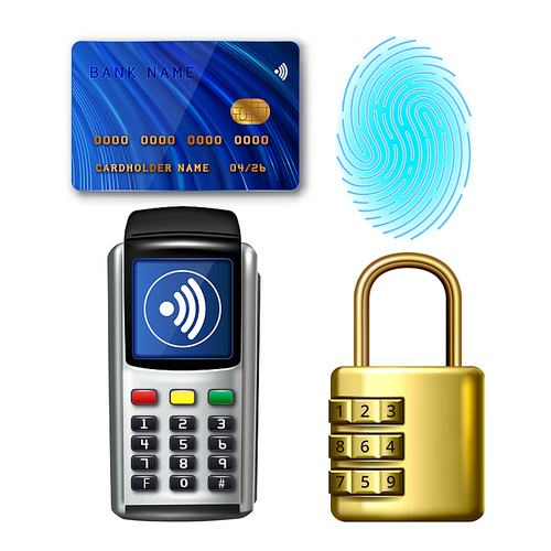 Payment Device And Card Accessories Set Vector. Bank Credit Card For Paying On Pos Terminal, Fingerprint Security System For Approve Transaction And Padlock. Template Realistic 3d Illustrations
