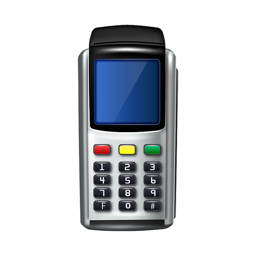 Pos Terminal Electronic Device For Paying Vector. Pos Terminal Digital Gadget For Getting Cashless Payment With Contactless Credit Card. Bank Register Template Realistic 3d Illustration