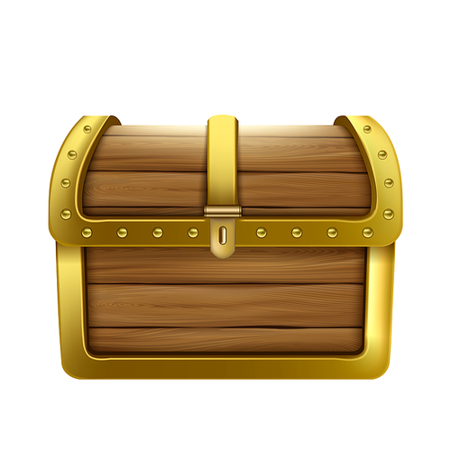 Chest Closed Wooden Container For Money Vector. Vintage Close Wood And Metallic Chest Box For Storage Pirate Hidden Treasures. Crate Safe For Savings Template Realistic 3d Illustration