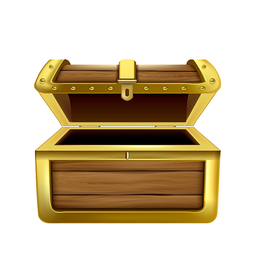 Chest Opened Wooden Container For Treasure Vector. Antique Open And Empty Chest Box For Storaging Money Or Jewellery Accessory. Ancient Crate Safe Template Realistic 3d Illustration