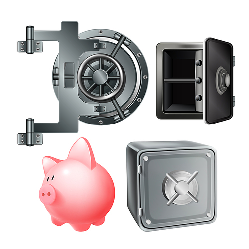 Piggybank And Bank Safe Lock Protect Set Vector. Pig Bank, Opened And Closed Metallic Box For Safe Money And Treasure. Vault Stainless Door Mechanism Template Realistic 3d Illustrations