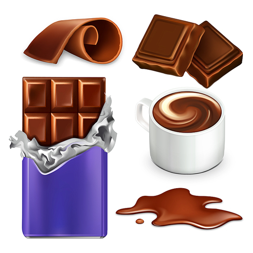 Chocolate Dessert Sweet Food And Drink Set Vector. Hot Cacao Beverage In Cup And Chocolate Bar In Foil Packaging, Piece And Shaving Slice. Cocoa Sugary Nourishment Template Realistic 3d Illustrations