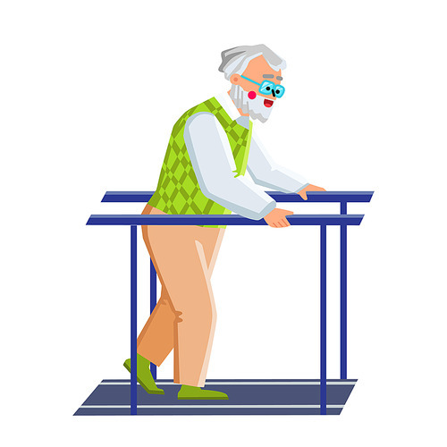 Rehabilitation Exercise Making Old Man Vector. Rehabilitation Physical Therapeutical Exercising Elderly Pensioner Make On Sportive Equipment. Character Recovery Flat Cartoon Illustration