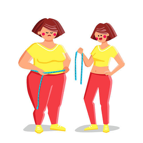 Weight Loss Young Woman Before And After Vector. Girl Weight Loss And Change Figure From Overweight To Slim With Diet Or Sport Activity. Character Achievement Flat Cartoon Illustration
