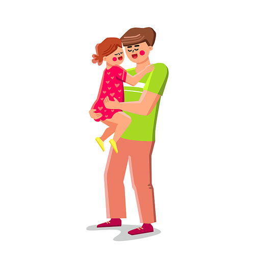 Baby And Father Embracing Togetherness Vector. Happy Smiling Girl Daughter Baby And Father Hugging And Playing Together. Characters Funny Recreational Time Flat Cartoon Illustration