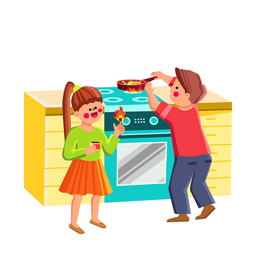 Children Dangerous Situations On Kitchen Vector. Girl Playing With Burning Match And Little Boy Cooking Dinner On Stove, Kids Danger Situations. Characters Flat Cartoon Illustration