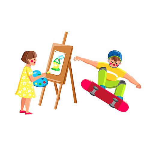 Boy And Girl Children Hobbies Activities Vector. Schoolgirl Drawing Picture And Schoolboy Riding Skateboard, Kids Hobbies. Characters Kids Draw And Skateboarding Flat Cartoon Illustration