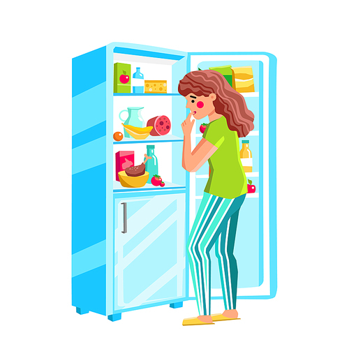Hungry Woman Looking At Food In Fridge Vector. Hungry Woman Look At Nutrition In Opened Refrigerator And Thinking For Eat. Character Searching Nutrition In Home Appliance Flat Cartoon Illustration