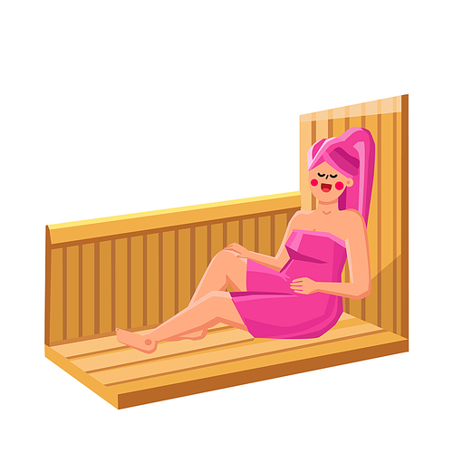 Woman Resting In Sauna Healthcare Procedure Vector. Young Girl Wrapped Towel Laying And Relaxing In Sauna. Character Enjoying Spa Salon Healthy Service And Leisure Time Flat Cartoon Illustration