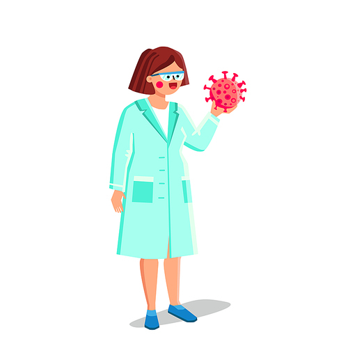 Virology Science Research Laboratory Worker Vector. Young Woman Researching Virus, Virology Scientist Experiment And Development. Character Virologist Girl In Lab Flat Cartoon Illustration