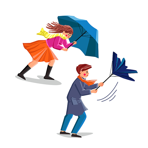 Windy Weather People Try Holding Umbrella Vector. Young Man And Woman In Windy Weather Trying Hold Accessory. Characters Walking Outdoor In Storm Strong Wind Flat Cartoon Illustration