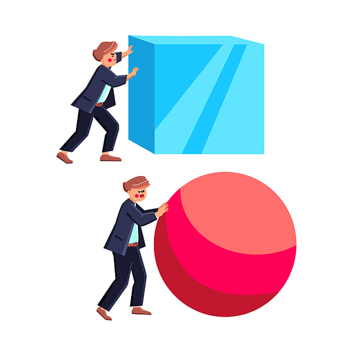 Businessman Work Smart Business Strategy Vector. Man Heavy Pushing Cube And Push Ball Sphere, Work Smart At Competition. Characters Entrepreneur Strategy And Solution Flat Cartoon Illustration