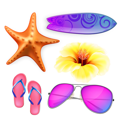 Beach Vacation Accessories And Nature Set Vector. Sleepers, Sunglasses And Surfer Surfboard For Active Resting On Beach. Starfish And Aromatic Flower Bud Template Realistic 3d Illustrations