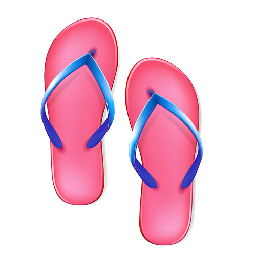 Slippers Feet Wear For Walk On Sandy Beach Vector. Sleepers Footwear Pair Accessory For Walking On Sand Seashore. Elegant Fashion Shoes Flip Flops Template Realistic 3d Illustration