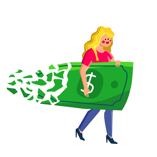 Inflation Dollar Bill Sprayed In Woman Hand Vector. Young Girl Holding Money And Banknote Dissolving, Finance Inflation Problem. Character Economy Hyperinflation Flat Cartoon Illustration