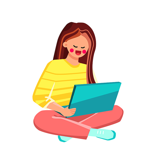 Woman Working At Home On Electronic Laptop Vector. Young Girl Sitting On Floor And Remote Working At Home On Computer In Internet. Character Lady Freelancer Online Job Flat Cartoon Illustration