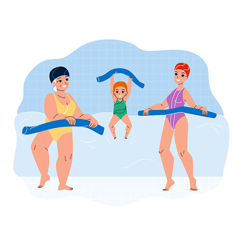 Aqua Aerobics Exercise Make Family Together Vector. Daughter, Mother And Grandmother Women Exercising Aqua Aerobics In Swimming Pool. Characters Sport Activity Flat Cartoon Illustration