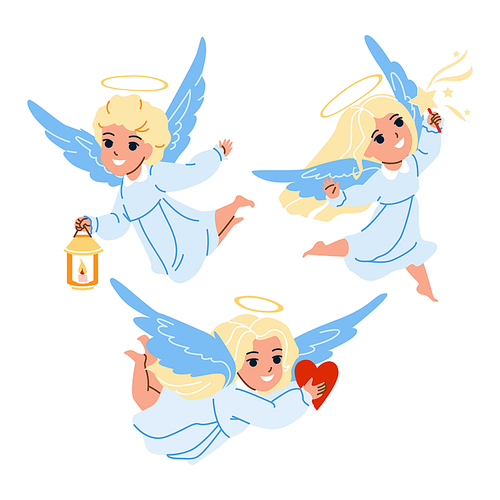 Babies Angel With Wings Flying Together Vector. Boy And Girl Infant Angel With Heart, Magic Stick In Star Shape And Burning Candle Fly Togetherness. Characters Cute Kids Flat Cartoon Illustration