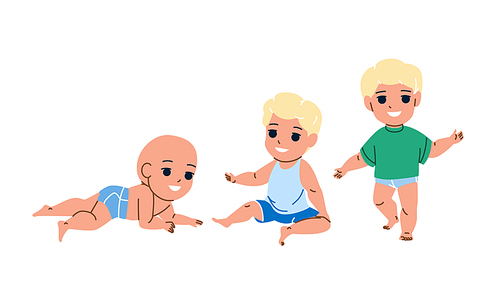 Baby Boy Growing To Schoolboy Maturity Vector. Toddler Baby Boy Grow To Preschooler, Infant Life, Transition And Development. Character Child In Diaper And Cute Clothes Flat Cartoon Illustration