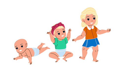 Baby Girl Growing To Schoolgirl Maturity Vector. Toddler Baby Girl Grow To Preschooler, Infant Life And Development. Character Child In Diaper And Cute Clothes Flat Cartoon Illustration