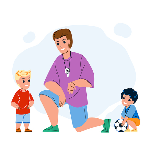 Soccer Coach Training Children On Stadium Vector. Man Soccer Coach Explain Rules Of Sport Game And Study Kids On Football Playground. Characters Sportive Activity Flat Cartoon Illustration