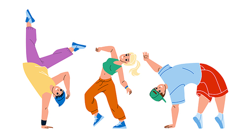 Teenagers In Dancing Class Exercising Dance Vector. Boy And Girl Teens Training Energy Break Dance Togetherness. Characters Hip Hop Practicing And Performing Flat Cartoon Illustration