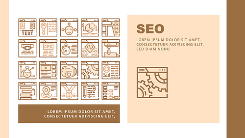 seo  engine optimization icons set vector. seo copywriting and monitoring, content and analyzing, settings and links illustration