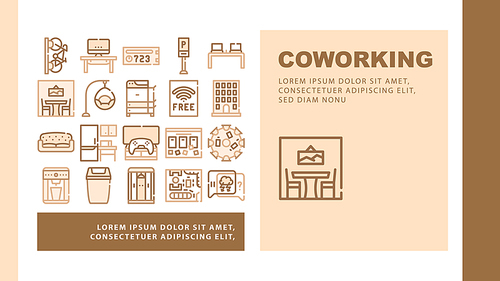 Coworking Work Office Landing Web Page Header Banner Template Vector. Coworking Layout And Furniture, Building And Parking, Workplace And Relaxation Place Illustration