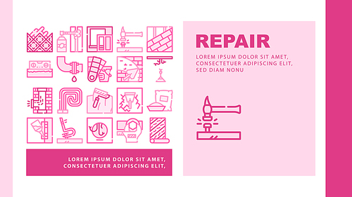 Home Repair Service Landing Web Page Header Banner Template Vector. Building Construction And House Repair, Lay Tiles And Roof, Glue Part And Hammer With Nail Illustration