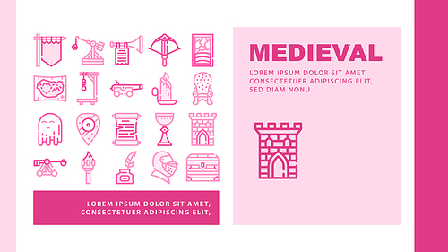Medieval Middle Age Landing Web Page Header Banner Template Vector. Medieval Castle And Stained Glass, Knight Helmet And Shield, Candle And Torch, Map And Catapult Illustration