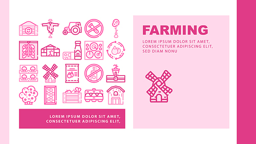 organic  farming landing web page header banner template vector. electrical tractor and mill, organic farm greenhouse and barn, dairy products and eggs illustration