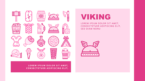 Viking Ancient Culture Landing Web Page Header Banner Template Vector. Viking Hammer And Ax, Bat And Mace, Drink Cup And Wooden Barrel, Clothes And Food Illustration