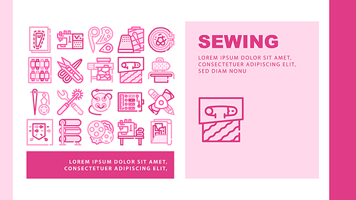 Sewing Craft Studio Landing Web Page Header Banner Template Vector. Sewing Machine And Scissors Equipment, Pattern And Thimble With Thread, Pin And Fabric Illustration