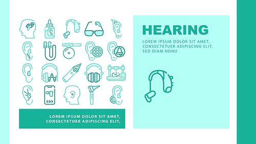 Hearing Equipment Landing Web Page Header Banner Template Vector. Cochlear Implant And Hearing Testing, Tool For Cleaning Ears And Otoscope Medical Device Illustration