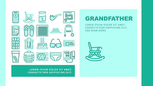 Grandfather Accessory Landing Web Page Header Banner Template Vector. Grandfather Glasses And Tv, False Jaw In Cup And Sweater, Newspaper And Hat, Domino And Bingo Illustration