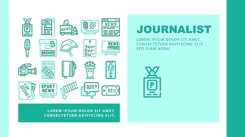 Journalist Accessories Landing Web Page Header Banner Template Vector. Journalist Badge And Helmet, Microphone And Video Camera Device, Sport And Fake News Illustration