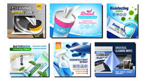 Cleaning Wipes Creative Promo Posters Set Vector. Cleaning Wipes Blank Package, Container And Spray Advertising Banners. Disinfection Napkin For Wash And Clean Style Concept Template Illustrations