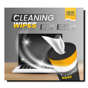 Cleaning Wipes Creative Promotion Banner Vector. Cleaning Wipes With Antistatic Effect Blank Pack Advertising Poster. Napkin For Clean And Wash Laptop Computer Style Concept Template Illustration