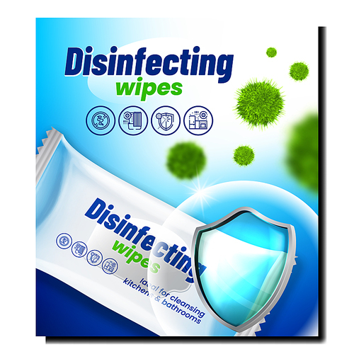 Disinfecting Wipes Creative Promo Banner Vector. Disinfecting Wipes Blank Packaging For Killing Bacteria Advertising Poster. Care And Protective Accessory Style Concept Template Illustration